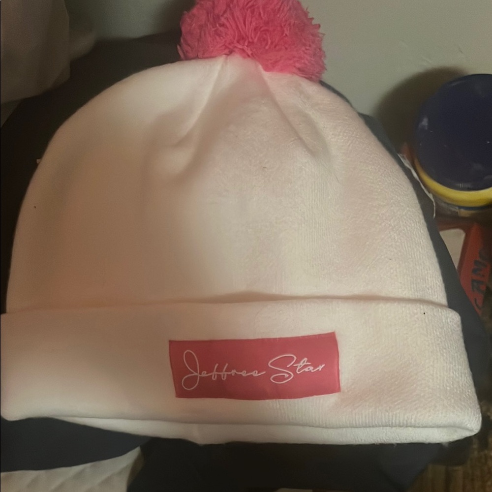 Jeffree Star White and Pink Knit Hat with Pom-Pom